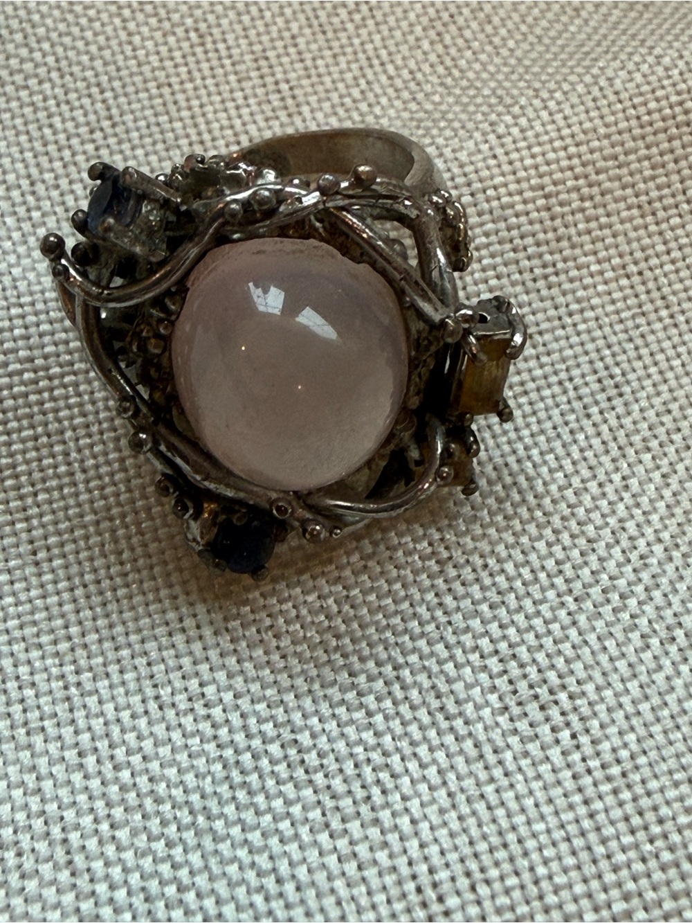 Sterling Silver Pink Rose Quartz Cabochon Statement Ring